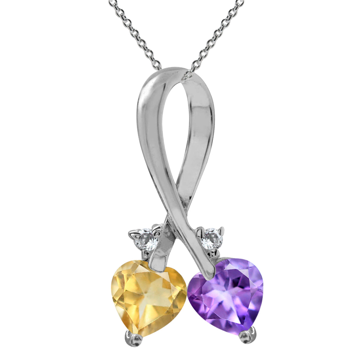 Genuine Amethyst & Citrine 925 Sterling Silver Twin Heart Ribbon Pendant with 18 Inch Chain Necklace silvershake