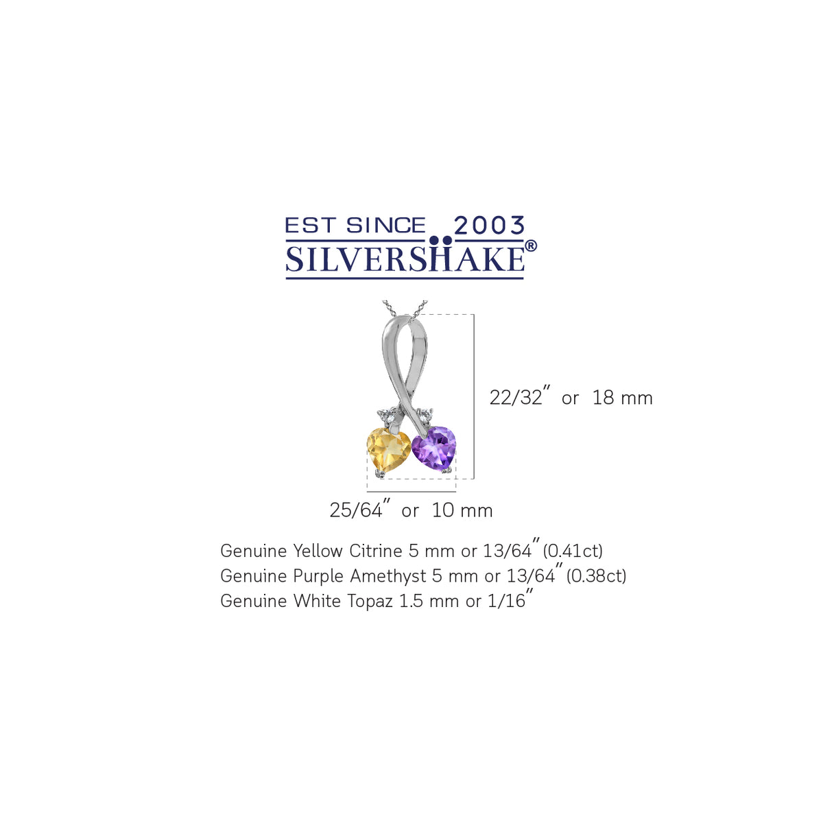 Genuine Amethyst & Citrine 925 Sterling Silver Twin Heart Ribbon Pendant with 18 Inch Chain Necklace silvershake