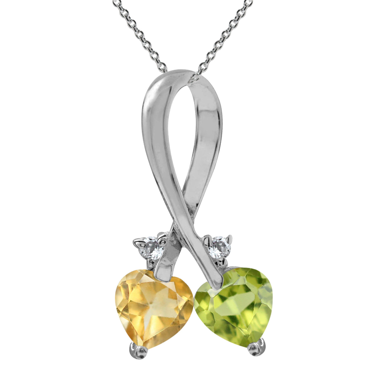 Natural Peridot & Citrine 925 Sterling Silver Twin Heart Ribbon Pendant with 18 Inch Chain Necklace silvershake