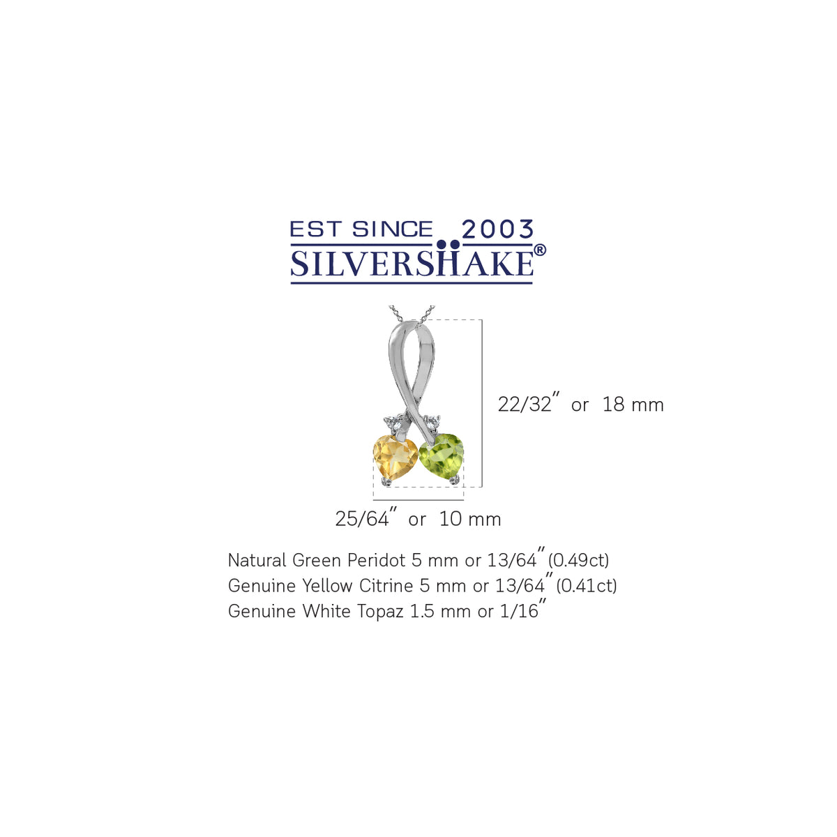 Natural Peridot & Citrine 925 Sterling Silver Twin Heart Ribbon Pendant with 18 Inch Chain Necklace silvershake