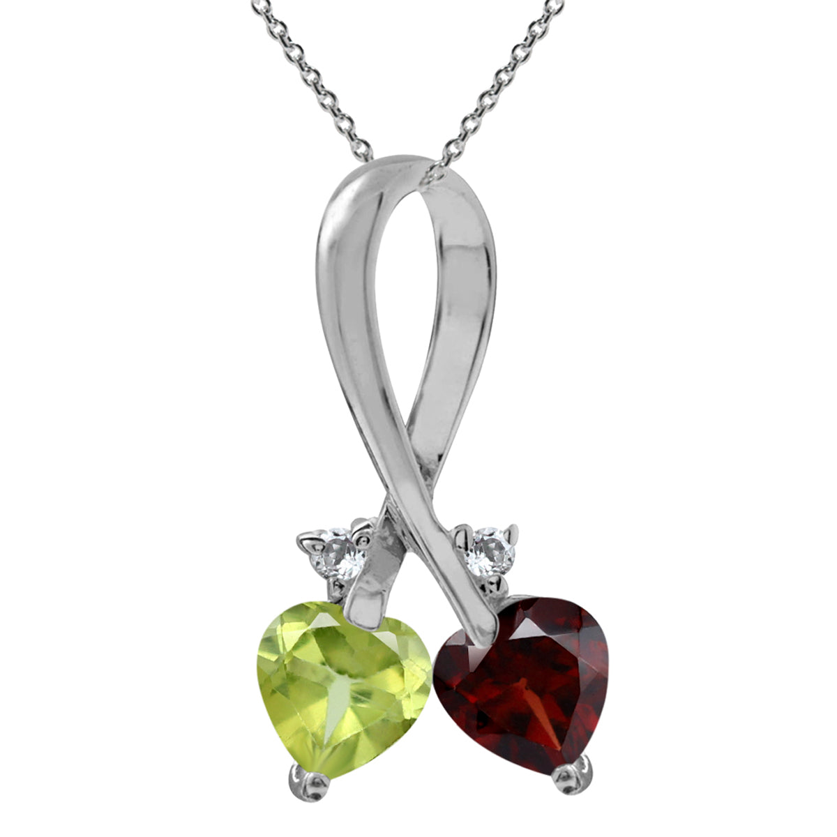 Natural Garnet & Peridot 925 Sterling Silver Twin Heart Ribbon Pendant with 18 Inch Chain Necklace silvershake