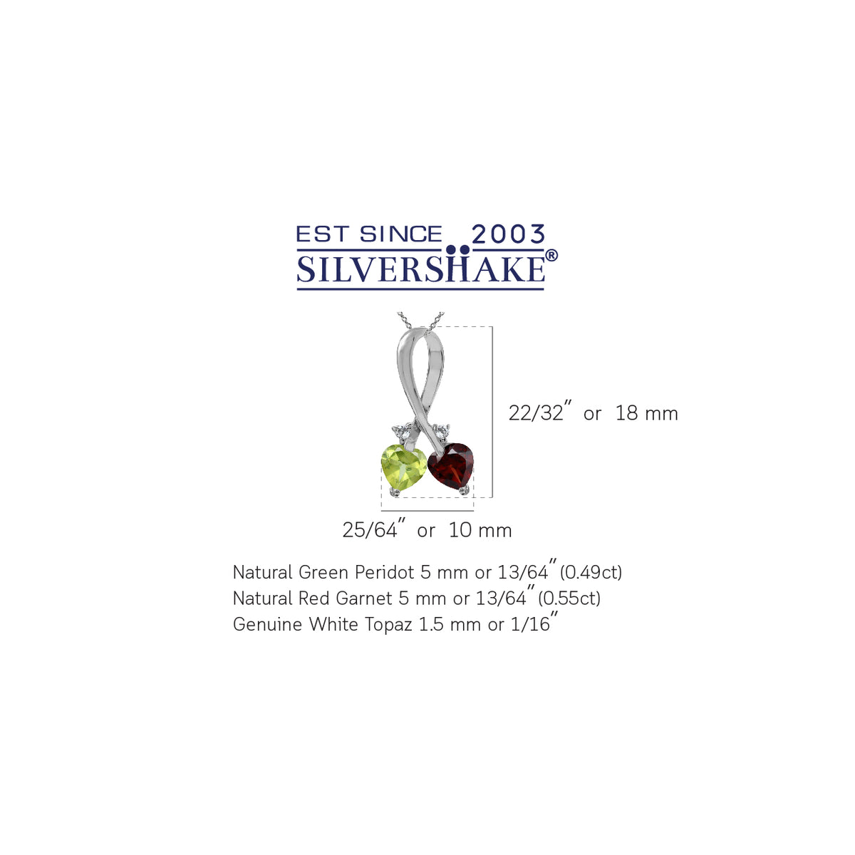 Natural Garnet & Peridot 925 Sterling Silver Twin Heart Ribbon Pendant with 18 Inch Chain Necklace silvershake