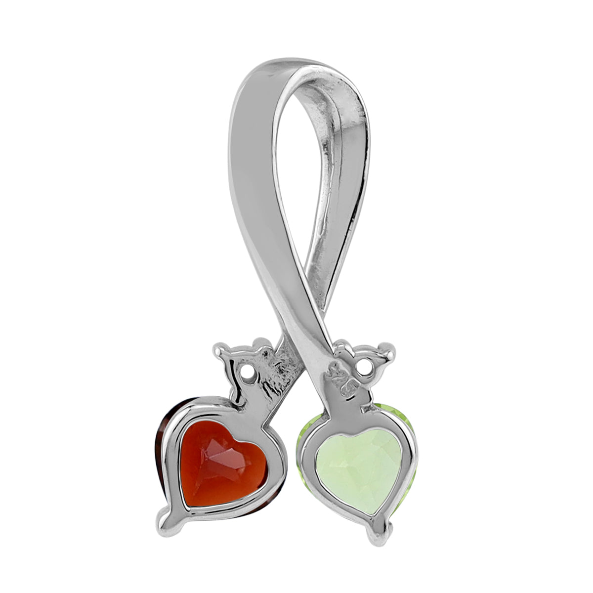 Natural Garnet & Peridot 925 Sterling Silver Twin Heart Ribbon Pendant with 18 Inch Chain Necklace silvershake