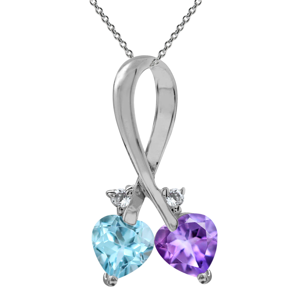 Genuine Amethyst & Blue Topaz 925 Sterling Silver Twin Heart Ribbon Pendant with 18" Chain Necklace silvershake