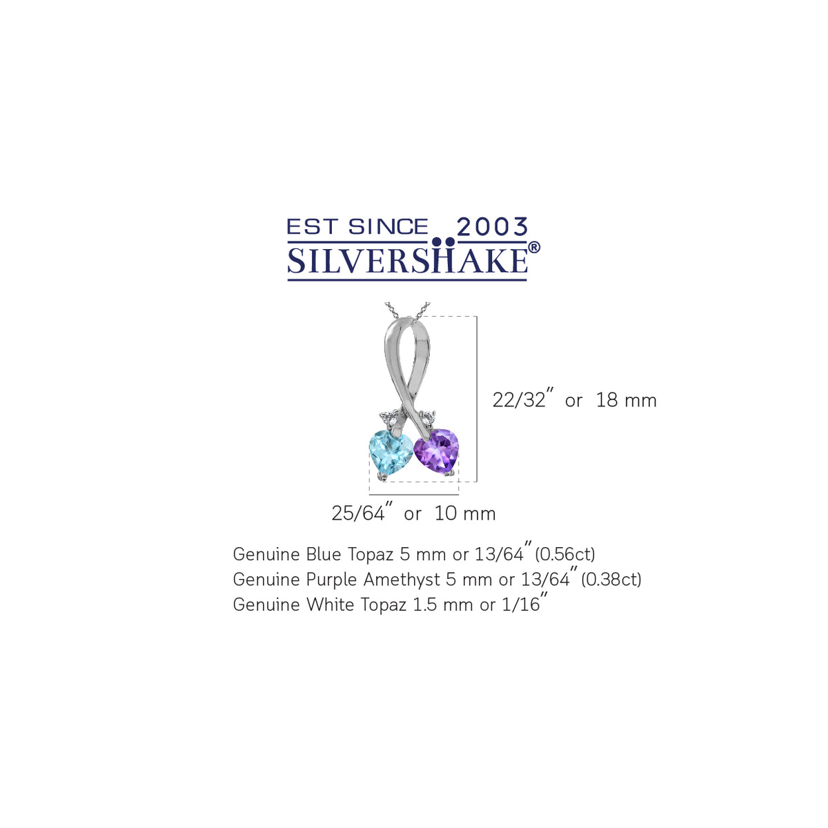 Genuine Amethyst & Blue Topaz 925 Sterling Silver Twin Heart Ribbon Pendant with 18" Chain Necklace silvershake