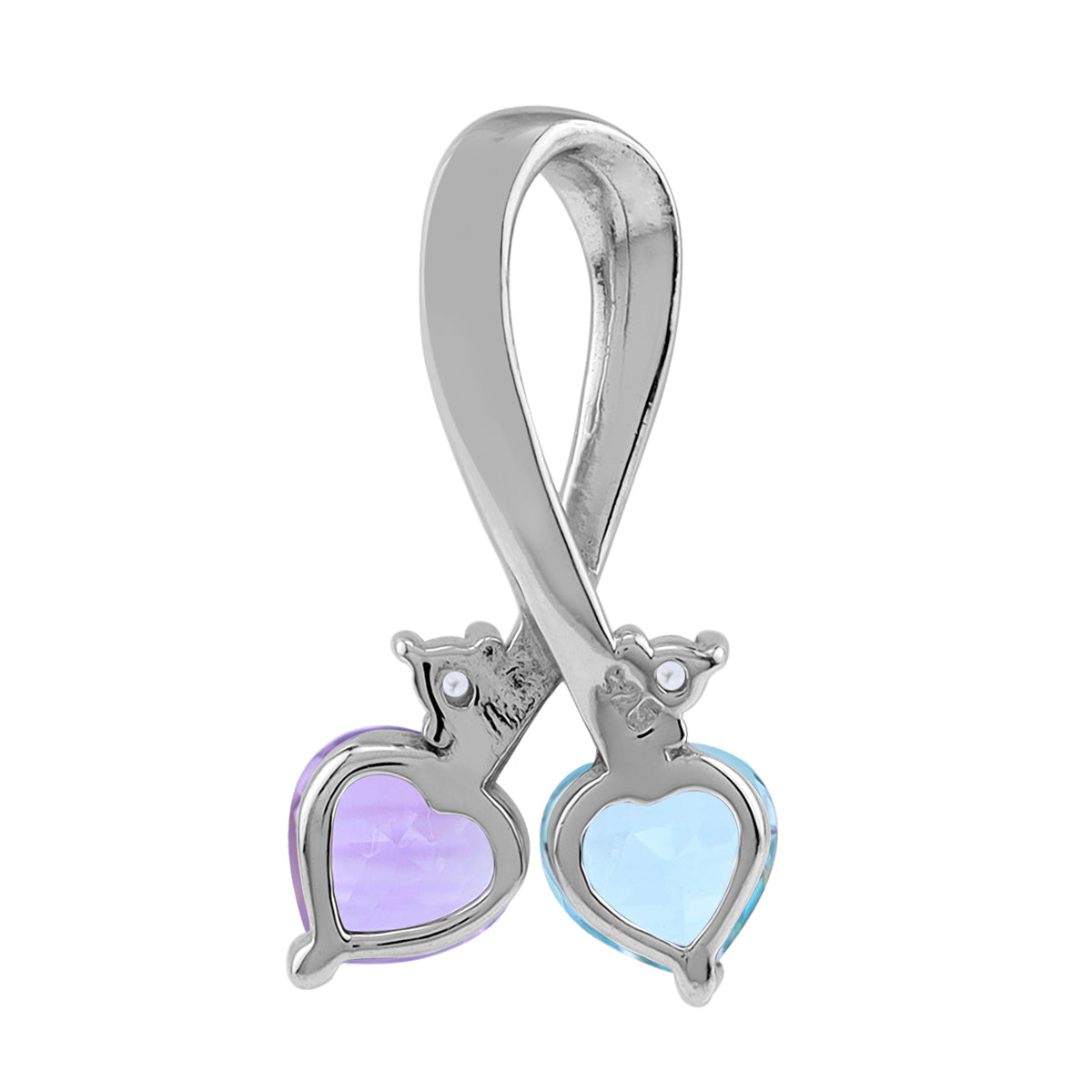 Genuine Amethyst & Blue Topaz 925 Sterling Silver Twin Heart Ribbon Pendant with 18" Chain Necklace silvershake