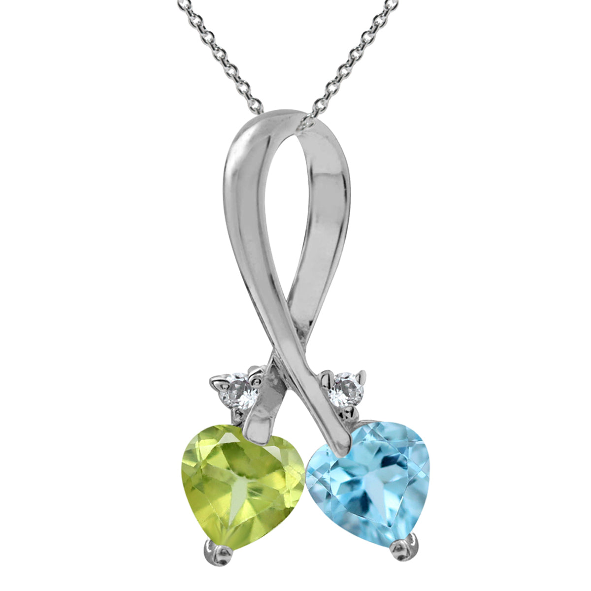 Genuine Blue Topaz & Peridot 925 Sterling Silver Twin Heart Ribbon Pendant with 18" Chain Necklace silvershake