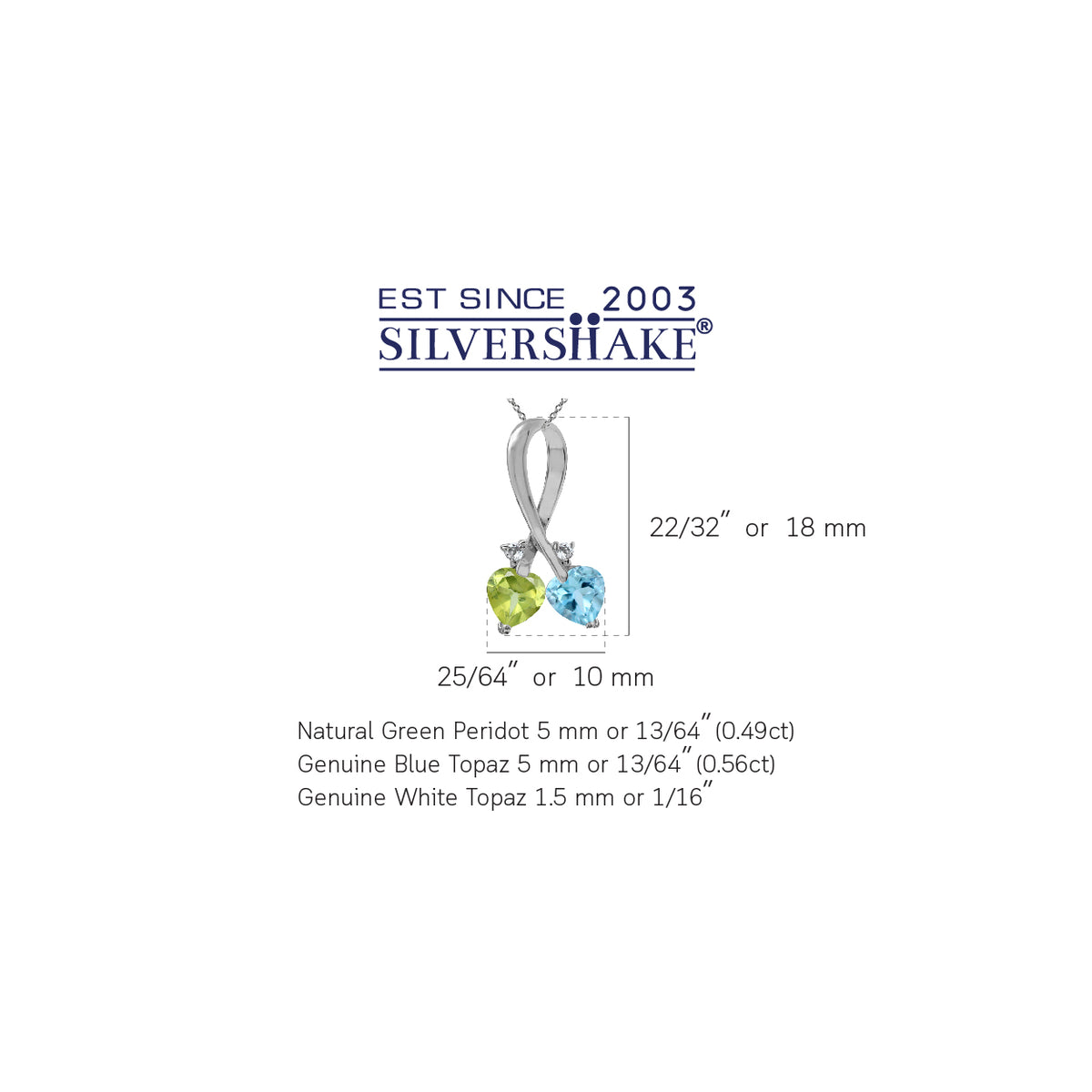 Genuine Blue Topaz & Peridot 925 Sterling Silver Twin Heart Ribbon Pendant with 18" Chain Necklace silvershake