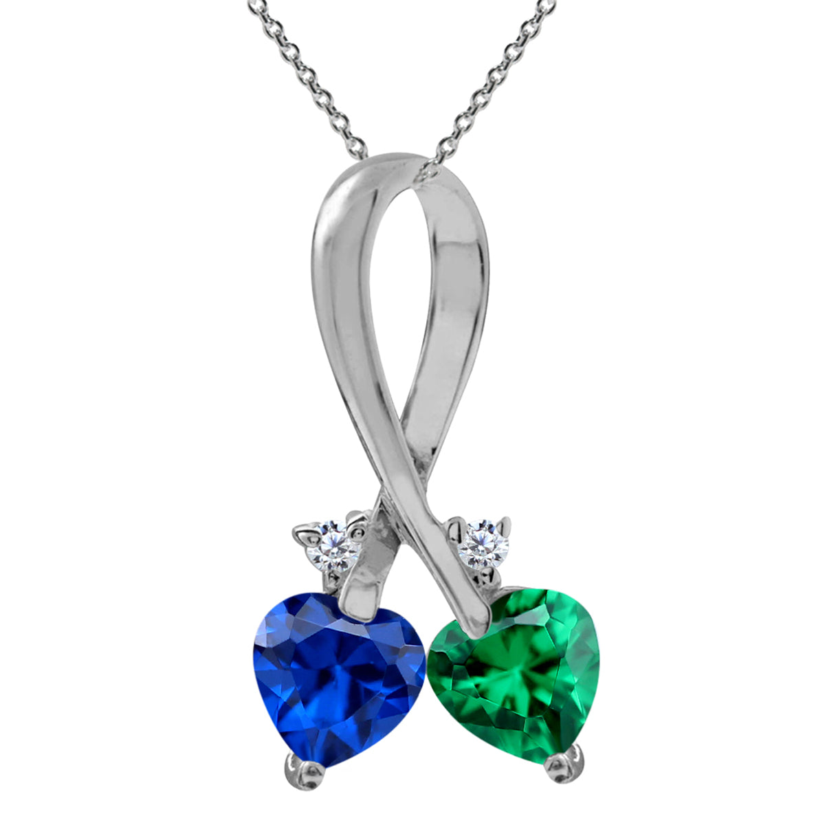 Created Nano Green Emerald & Blue Sapphire 925 Sterling Silver Twin Heart Pendant w/ 18" Necklace silvershake