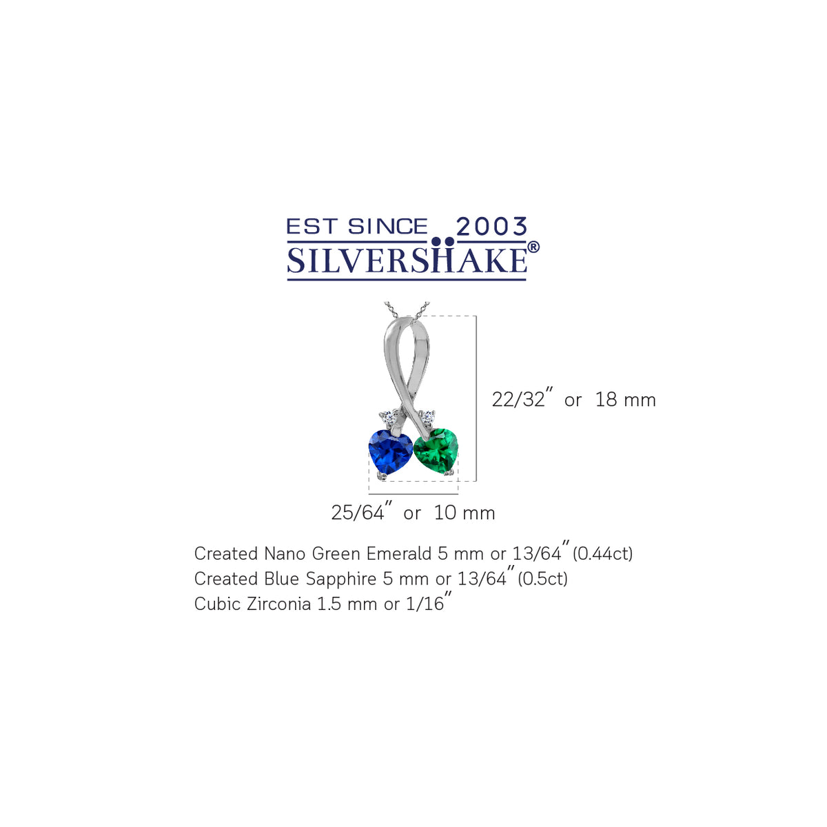 Created Nano Green Emerald & Blue Sapphire 925 Sterling Silver Twin Heart Pendant w/ 18" Necklace silvershake