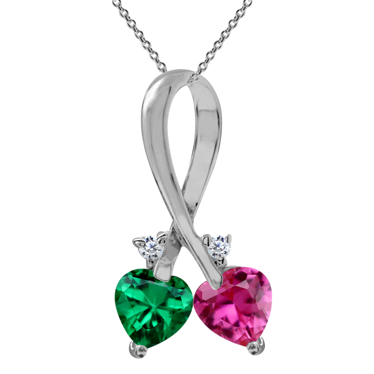 Created Pink Tourmaline & Nano Green Emerald 925 Sterling Silver Twin Heart Pendant w/ 18" Necklace silvershake