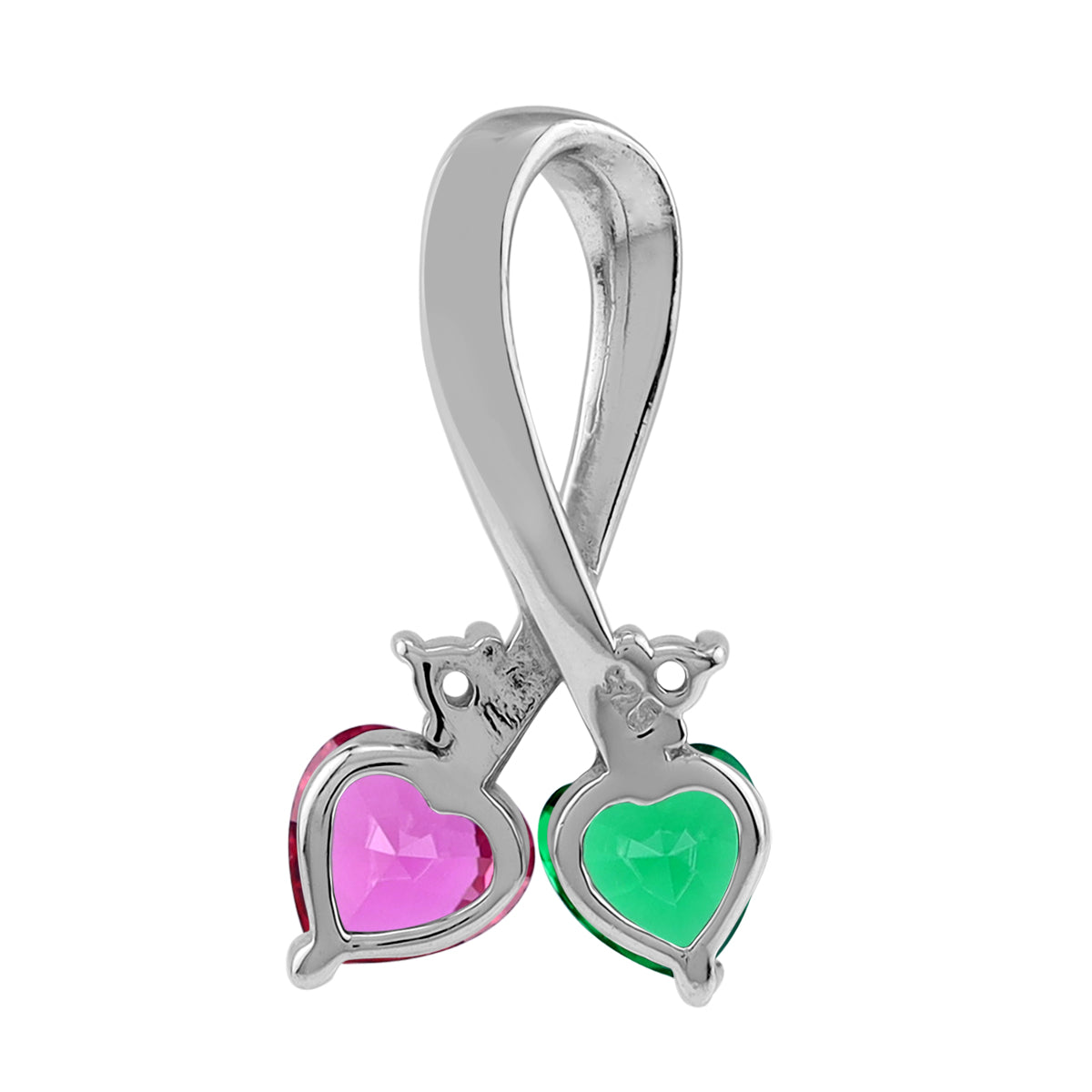 Created Pink Tourmaline & Nano Green Emerald 925 Sterling Silver Twin Heart Pendant w/ 18" Necklace silvershake