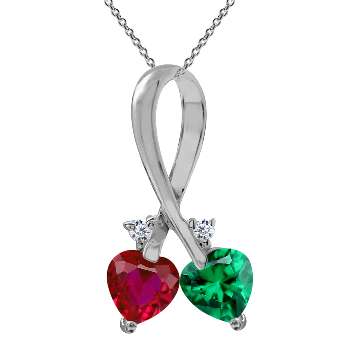 Created Nano Green Emerald & Red Ruby 925 Sterling Silver Twin Heart Pendant w/ 18" Chain Necklace silvershake