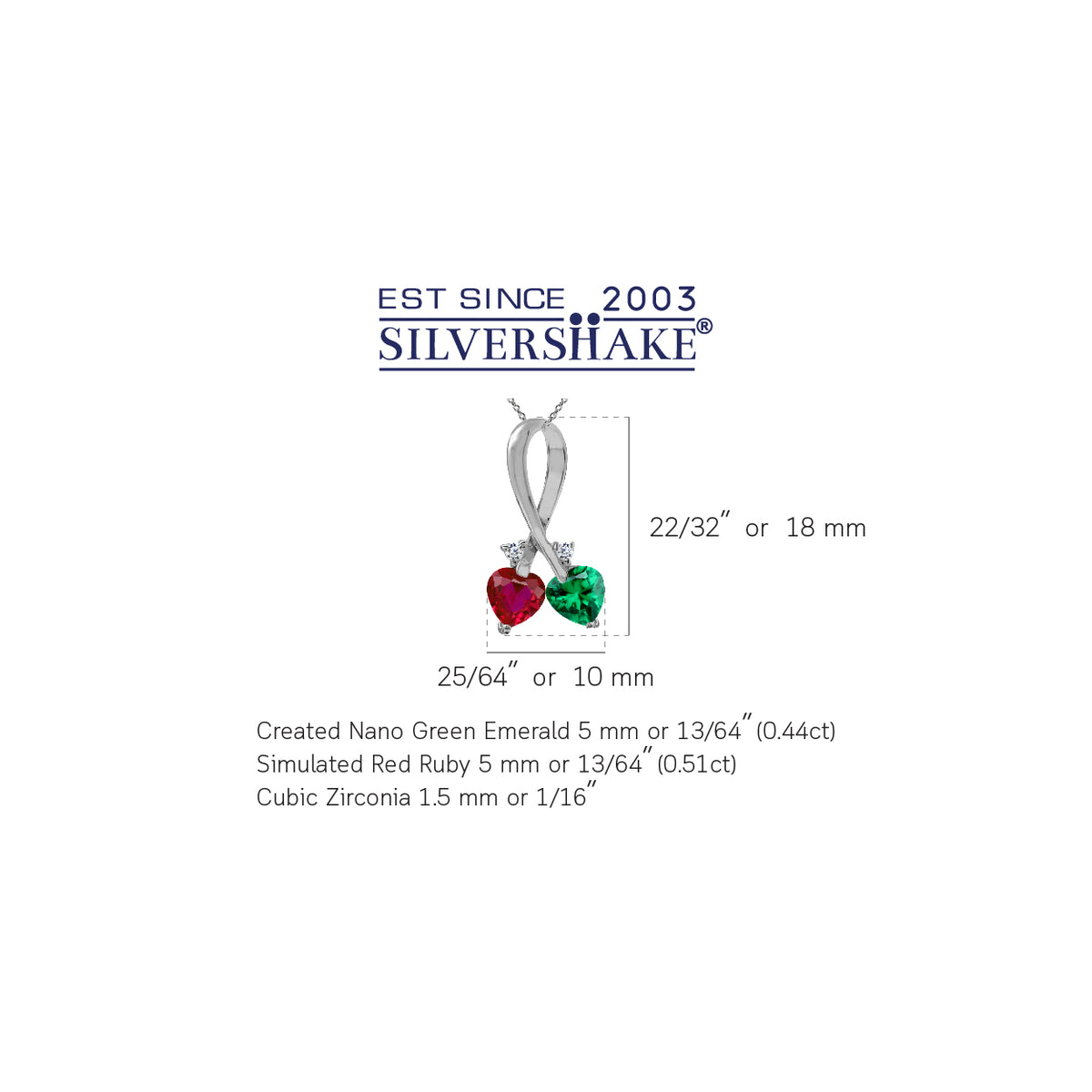 Created Nano Green Emerald & Red Ruby 925 Sterling Silver Twin Heart Pendant w/ 18" Chain Necklace silvershake