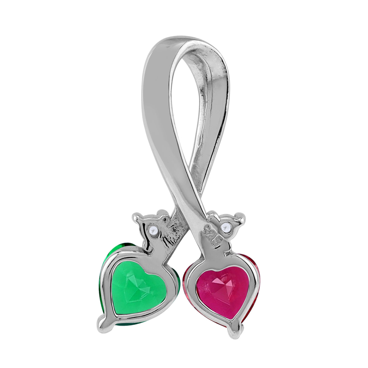 Created Nano Green Emerald & Red Ruby 925 Sterling Silver Twin Heart Pendant w/ 18" Chain Necklace silvershake