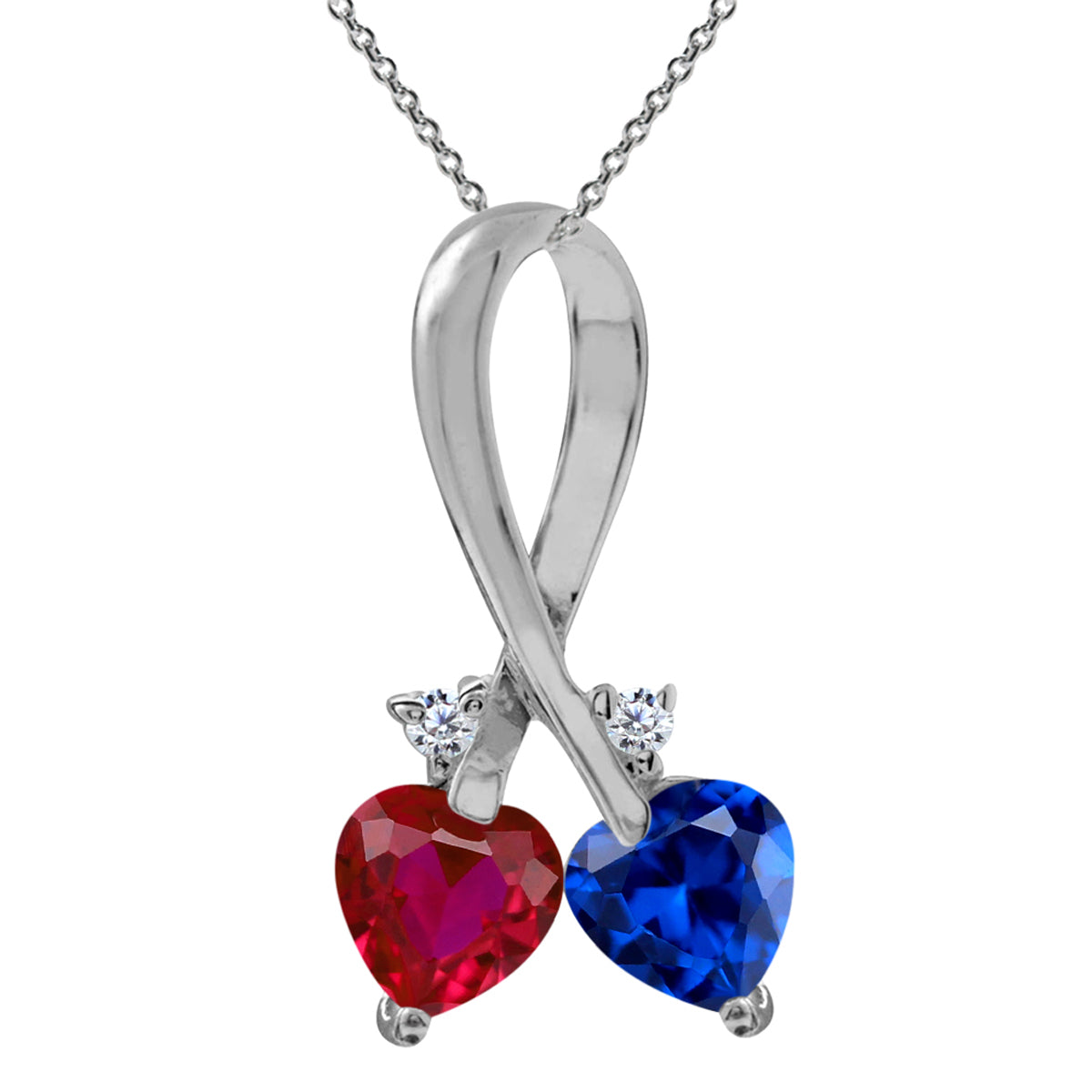 Created Blue Sapphire & Red Ruby 925 Sterling Silver Twin Heart Ribbon Pendant w/ 18" Chain Necklace silvershake