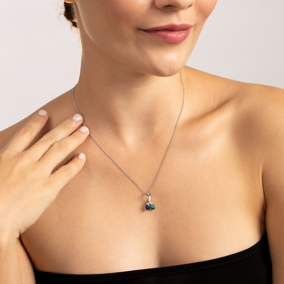Created Blue Sapphire & Red Ruby 925 Sterling Silver Twin Heart Ribbon Pendant w/ 18" Chain Necklace silvershake