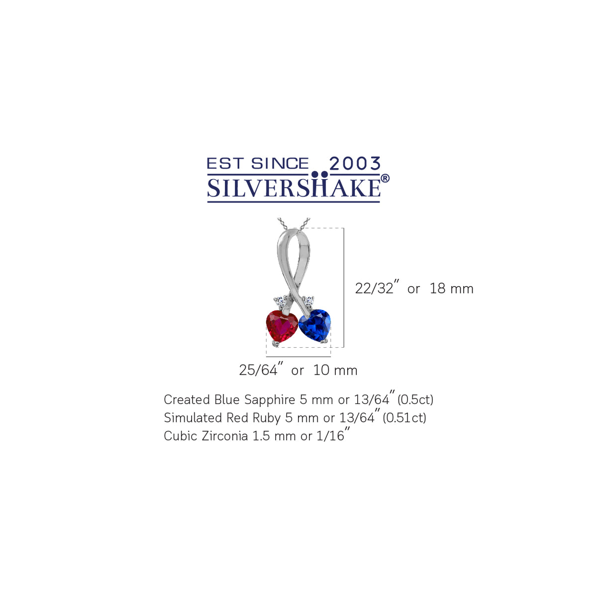 Created Blue Sapphire & Red Ruby 925 Sterling Silver Twin Heart Ribbon Pendant w/ 18" Chain Necklace silvershake