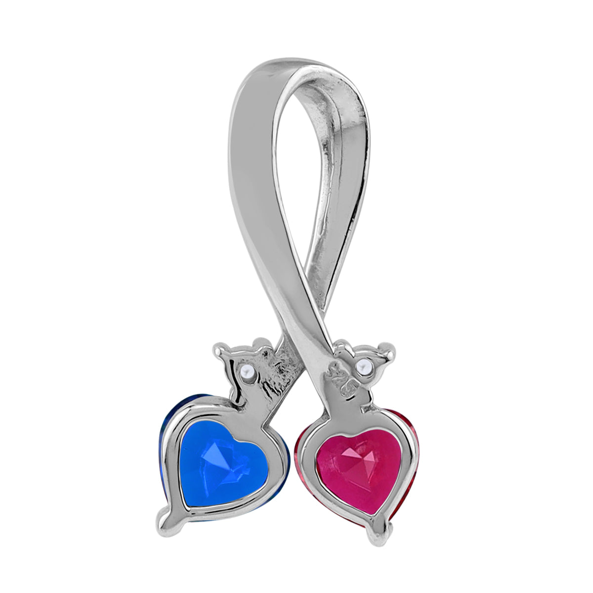 Created Blue Sapphire & Red Ruby 925 Sterling Silver Twin Heart Ribbon Pendant w/ 18" Chain Necklace silvershake