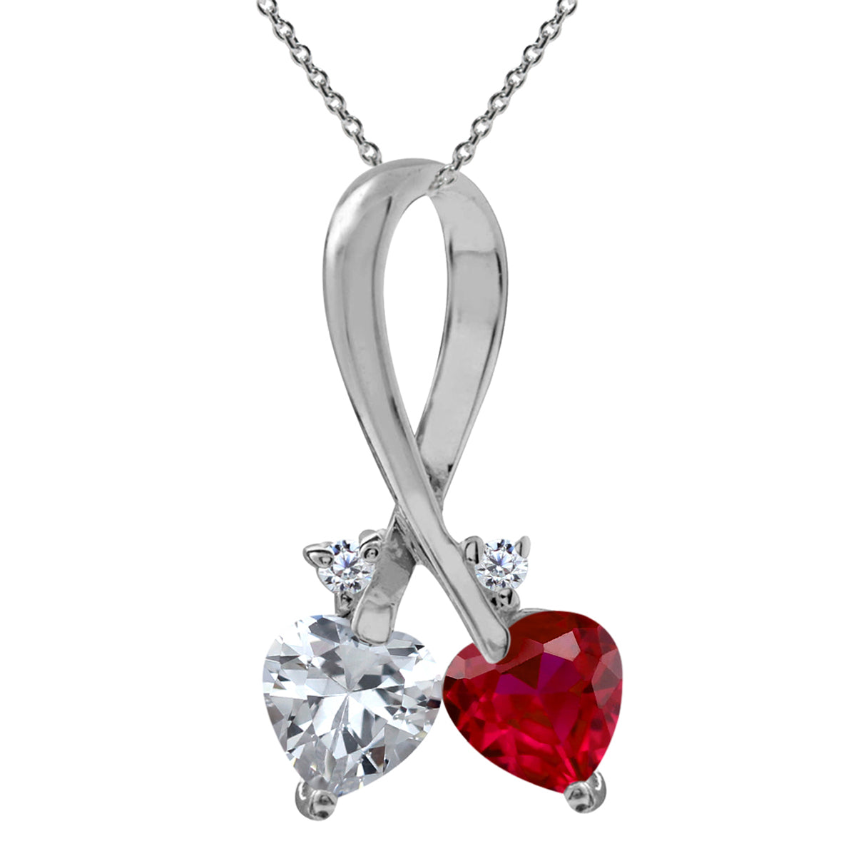Simulated Red Ruby & White CZ 925 Sterling Silver Twin Heart Ribbon Pendant w/ 18" Chain Necklace silvershake