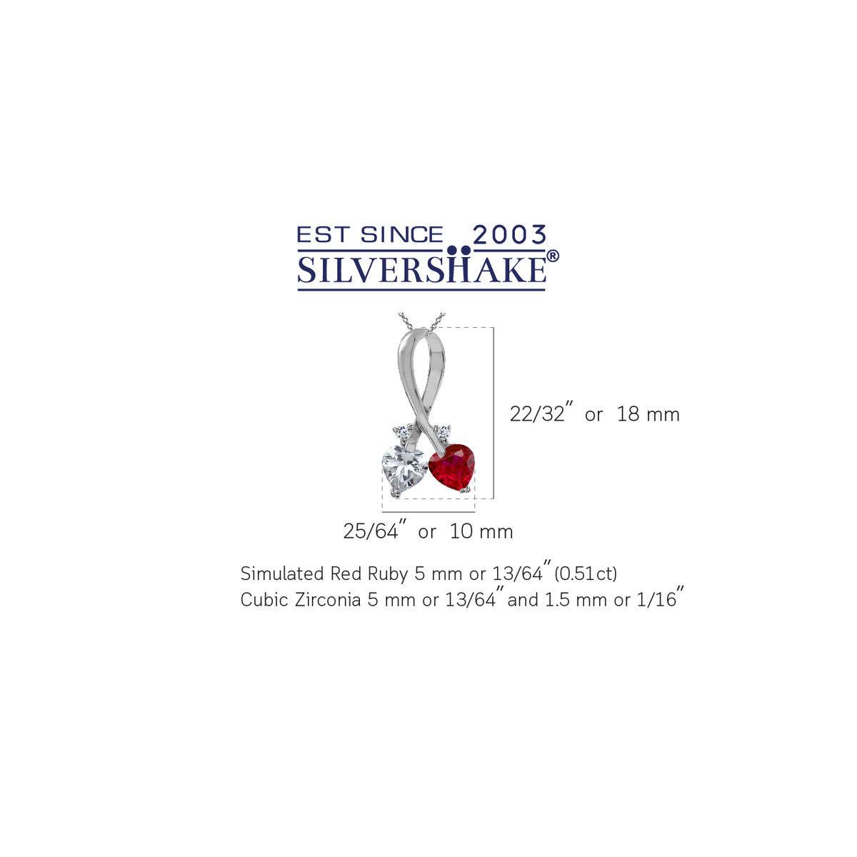 Simulated Red Ruby & White CZ 925 Sterling Silver Twin Heart Ribbon Pendant w/ 18" Chain Necklace silvershake