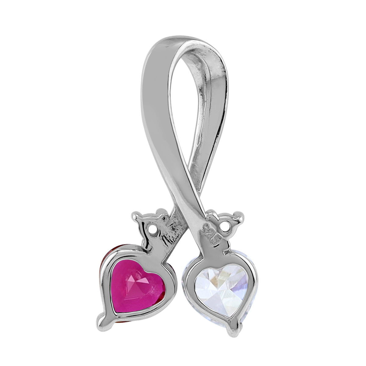 Simulated Red Ruby & White CZ 925 Sterling Silver Twin Heart Ribbon Pendant w/ 18" Chain Necklace silvershake