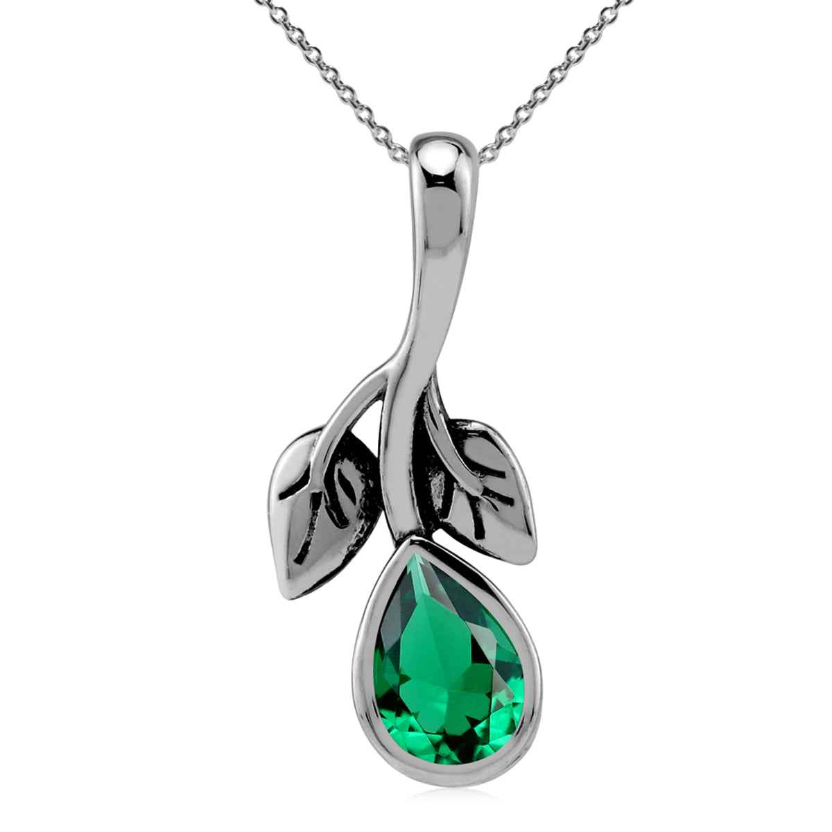 Created Pear Shape Nano Green Emerald 925 Sterling Silver Twin Leaf Vintage Inspired Drop Pendant with 18 Inch Chain Necklace May Gemstone Birthstone