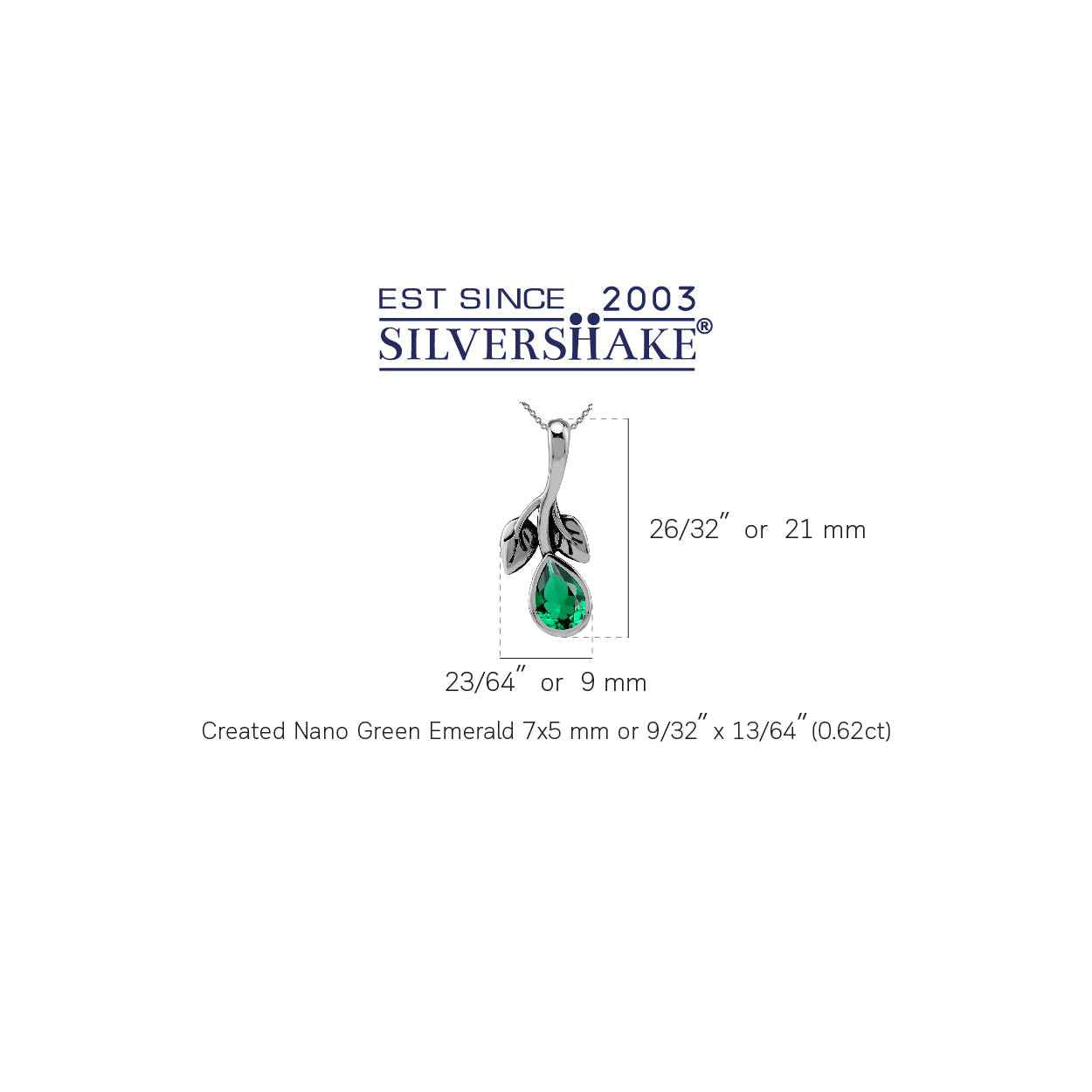 Created Pear Shape Nano Green Emerald 925 Sterling Silver Twin Leaf Vintage Inspired Drop Pendant with 18 Inch Chain Necklace May Gemstone Birthstone