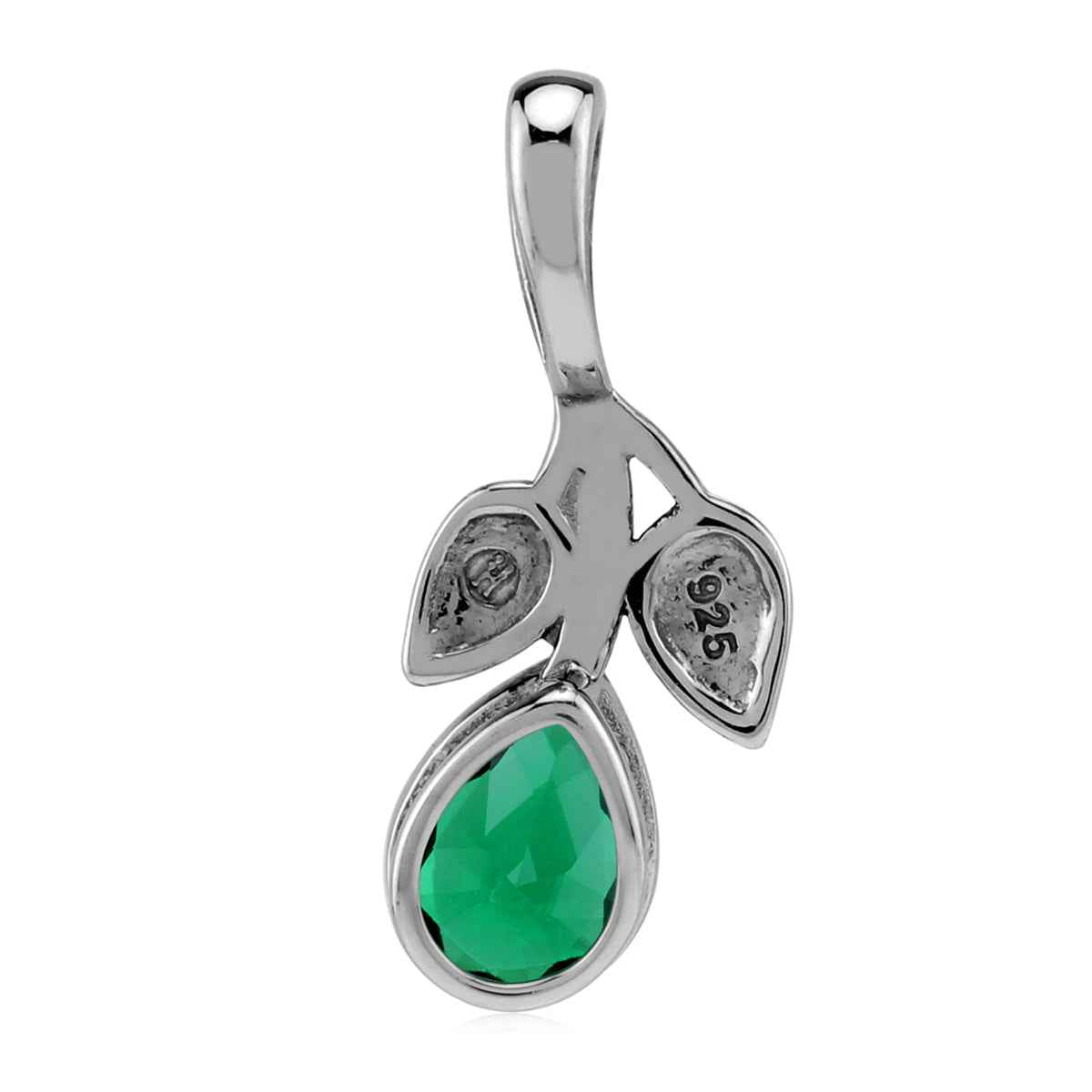 Created Pear Shape Nano Green Emerald 925 Sterling Silver Twin Leaf Vintage Inspired Drop Pendant with 18 Inch Chain Necklace May Gemstone Birthstone