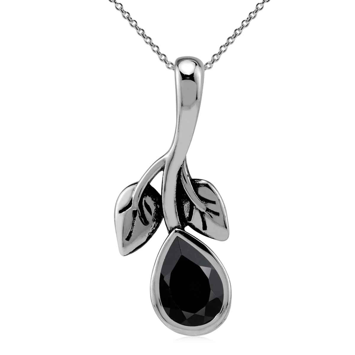 Natural Pear Shape Black Onyx 925 Sterling Silver Twin Leaf Vintage Inspired Drop Gemstone Pendant with 18 Inch Chain Necklace