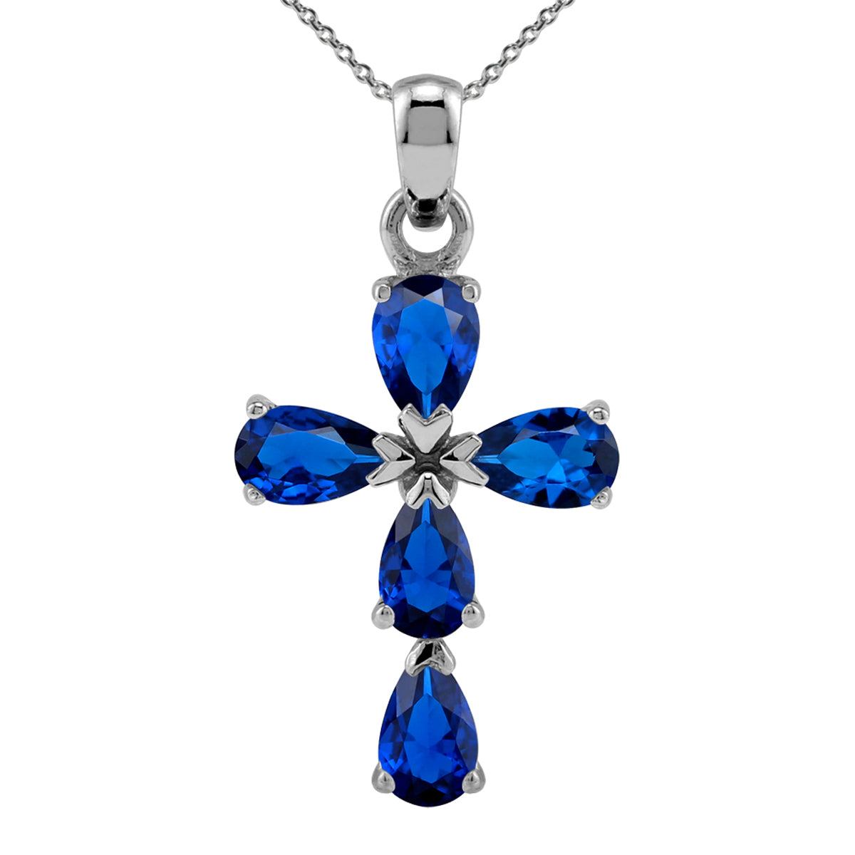 Created Blue Sapphire 925 Sterling Silver Cross / Religion / Christian Pendant /18" Chain Necklace silvershake