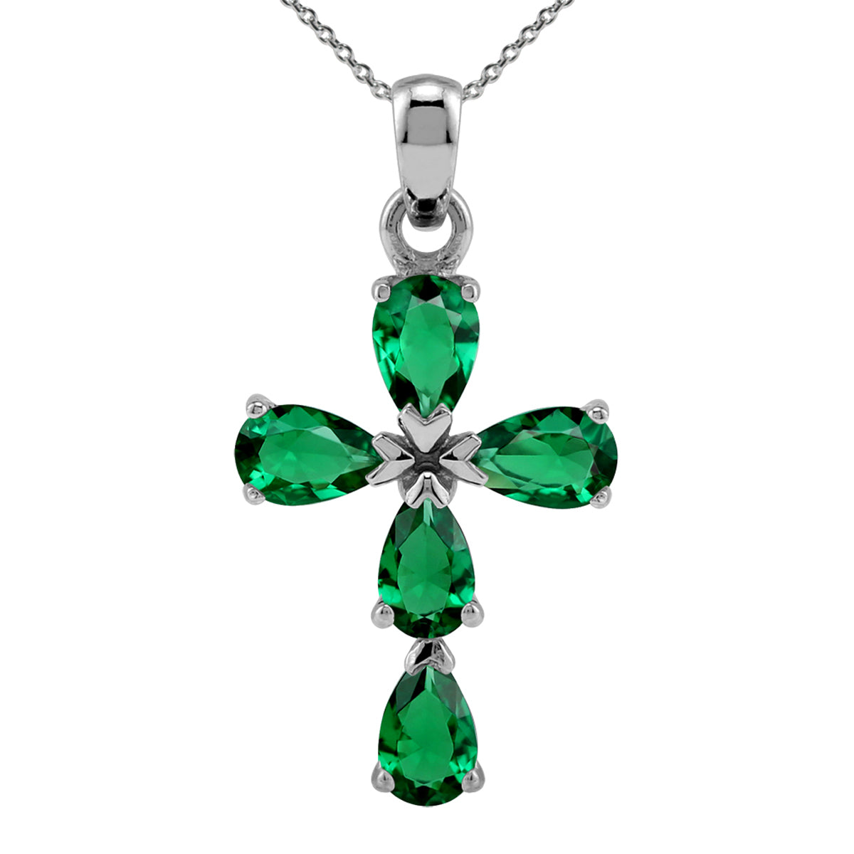 Created Nano Green Emerald 925 Sterling Silver Cross / Christian Pendant /18" Chain Necklace silvershake