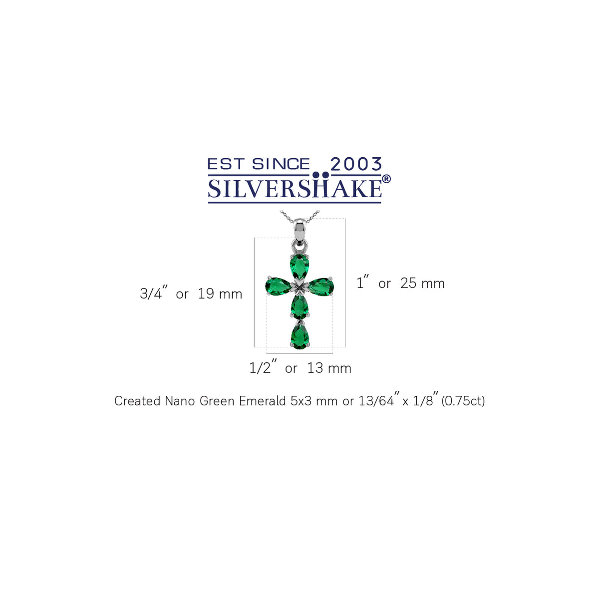 Created Nano Green Emerald 925 Sterling Silver Cross / Christian Pendant /18" Chain Necklace silvershake