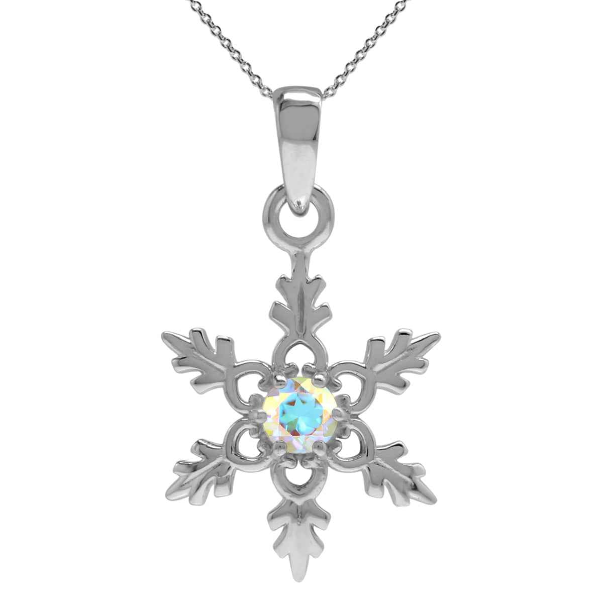 Genuine Mercury Mist Aurora Borealis (AB) Topaz White Gold Plated 925 Sterling Silver Snowflake Pendant with 18 Inch Chain Necklace