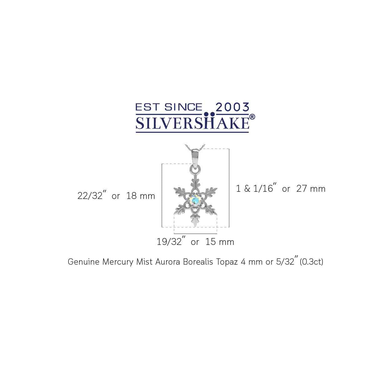 Genuine Mercury Mist Aurora Borealis (AB) Topaz White Gold Plated 925 Sterling Silver Snowflake Pendant with 18 Inch Chain Necklace