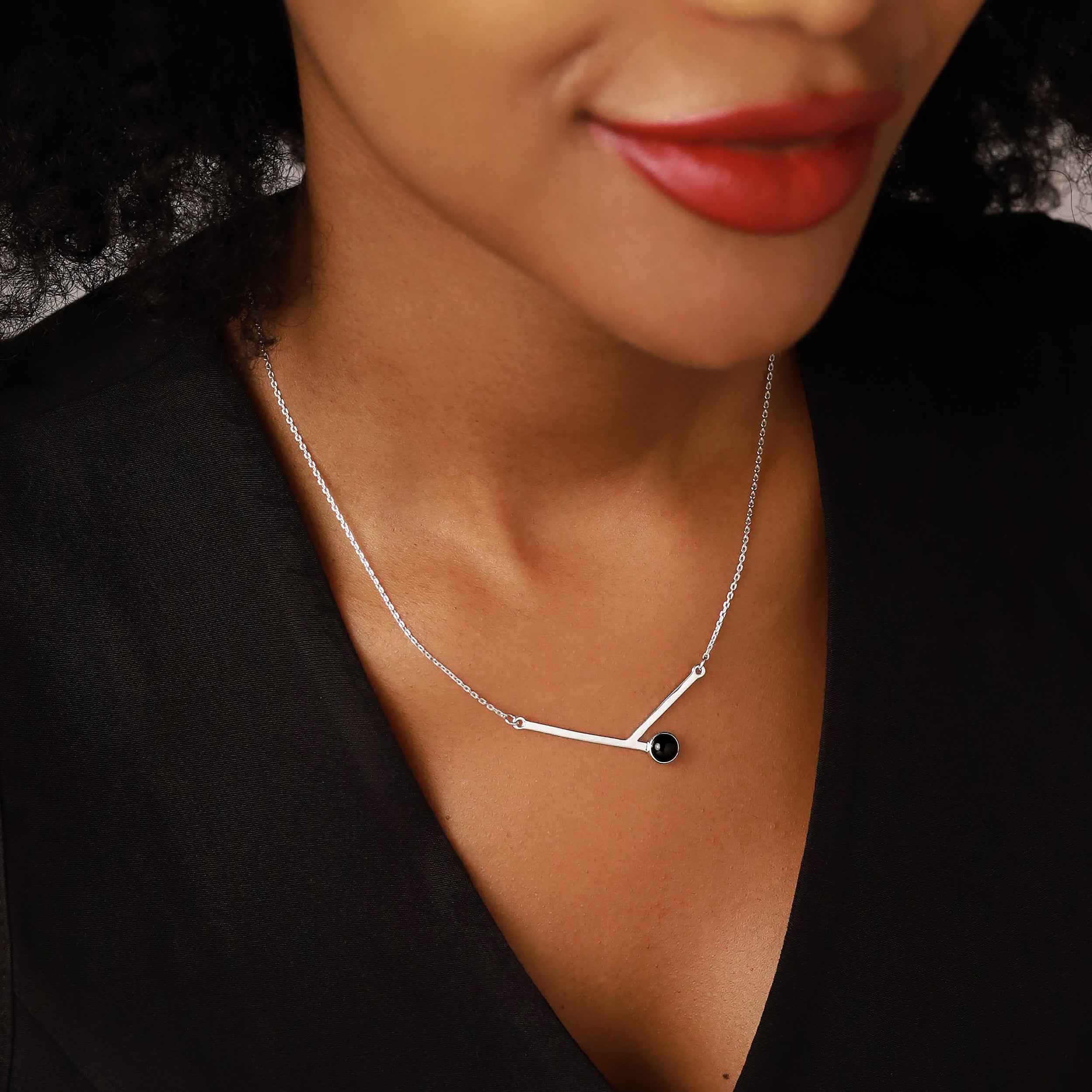 6MM Natural Round Shape Black Onyx 925 Sterling Silver Bar Minimalist Pendant with 17 to 20 Inch Adjustable Gemstone Chain Necklace Jewelry for Women