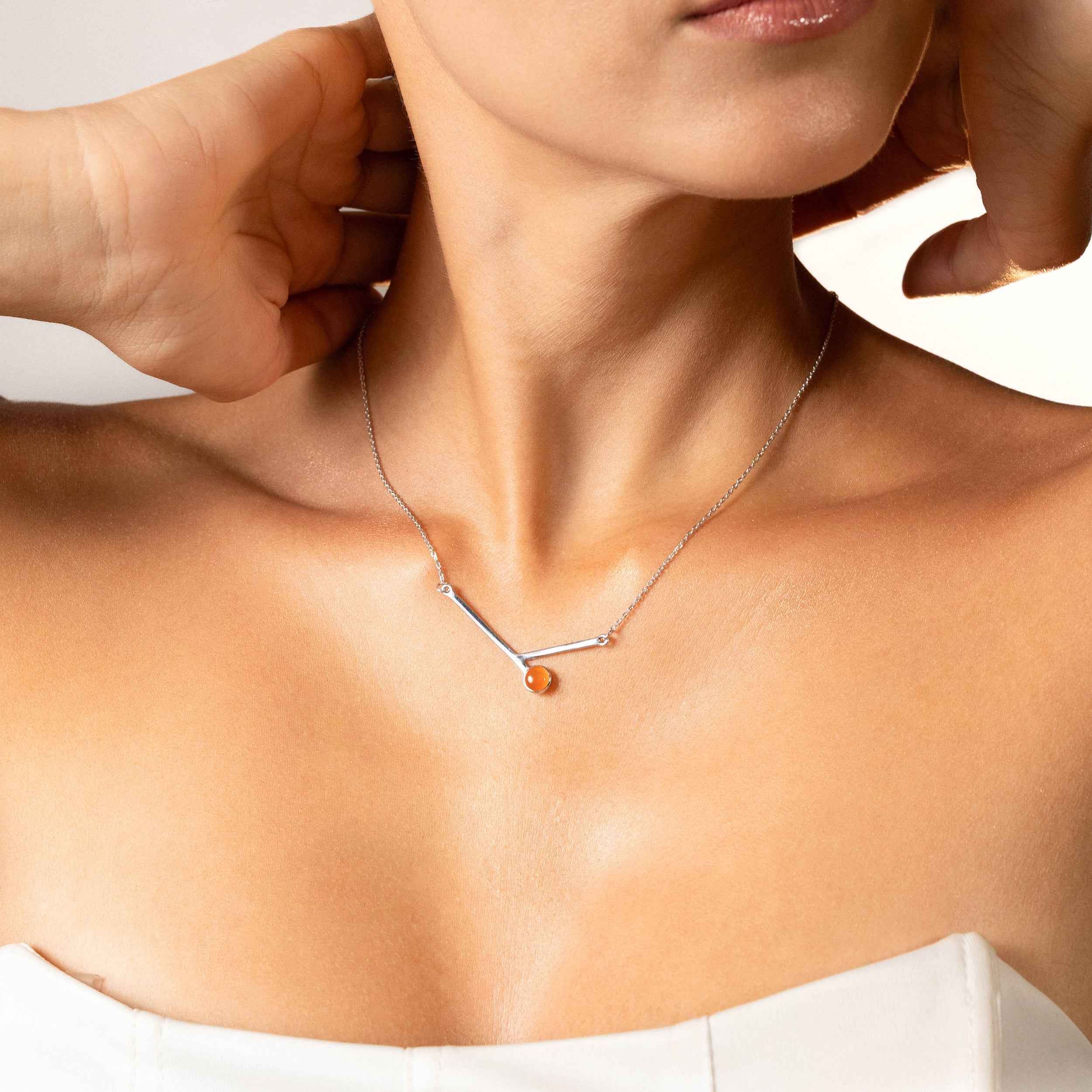 6MM Genuine Round Shape Orange Carnelian 925 Sterling Silver Bar Minimalist Pendant with 17 to 20 Inch Adjustable Chain Necklace Virgo Gemstone Birthstone Jewelry for Women
