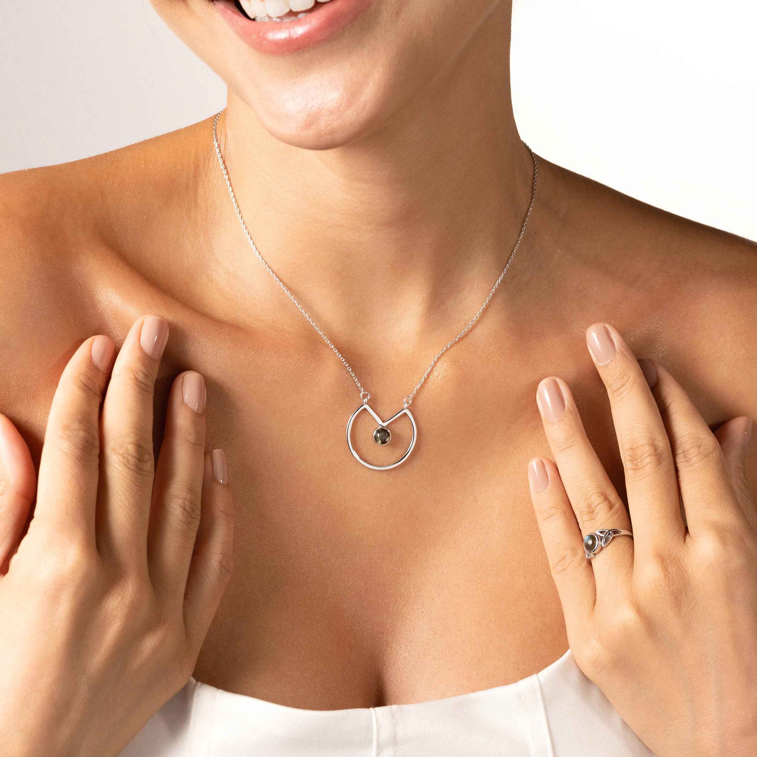 6MM Natural Round Shape Labradorite 925 Sterling Silver Circle Geometric Minimalist Pendant with 17 to 20 Inch Adjustable Gemstone Chain Necklace Jewelry for Women