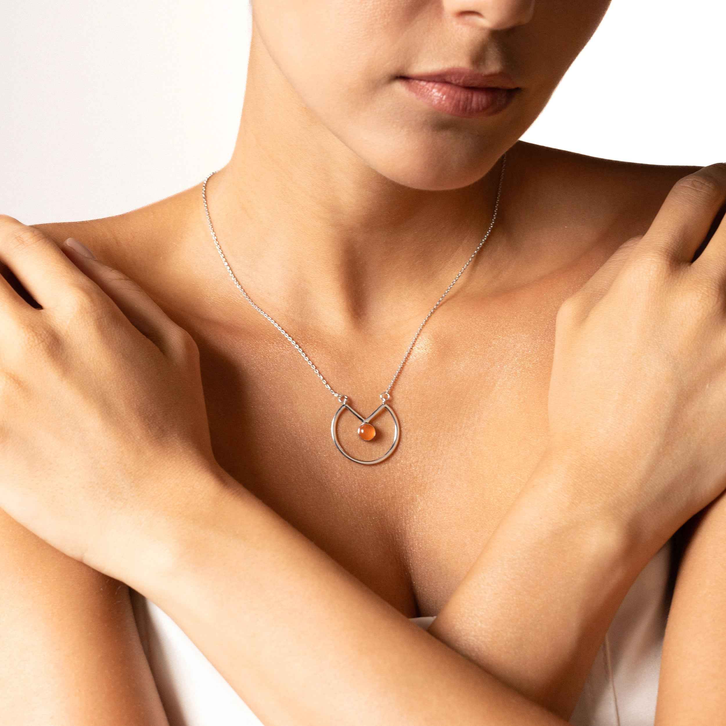 6MM Genuine Round Shape Orange Carnelian 925 Sterling Silver Circle Geometric Minimalist Pendant with 17 to 20 Inch Adjustable Chain Necklace Virgo Birthstone