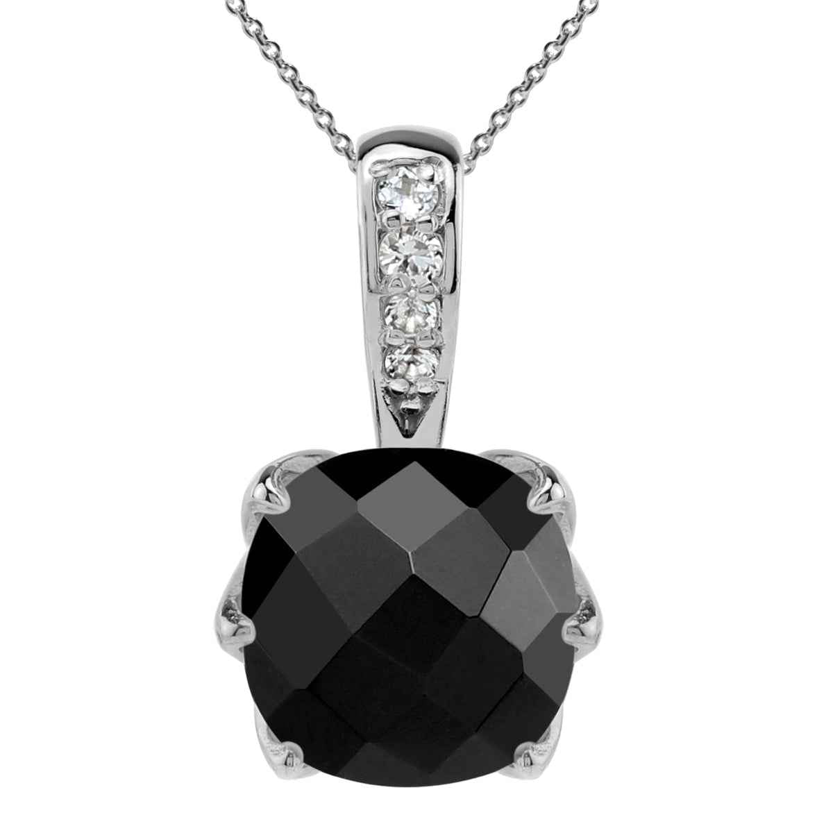 1.92 CTW 8MM Natural Cushion Shape Black Onyx White Gold Plated 925 Sterling Silver Gemstone Pendant with 18 Inch Chain Necklace Jewelry for Women