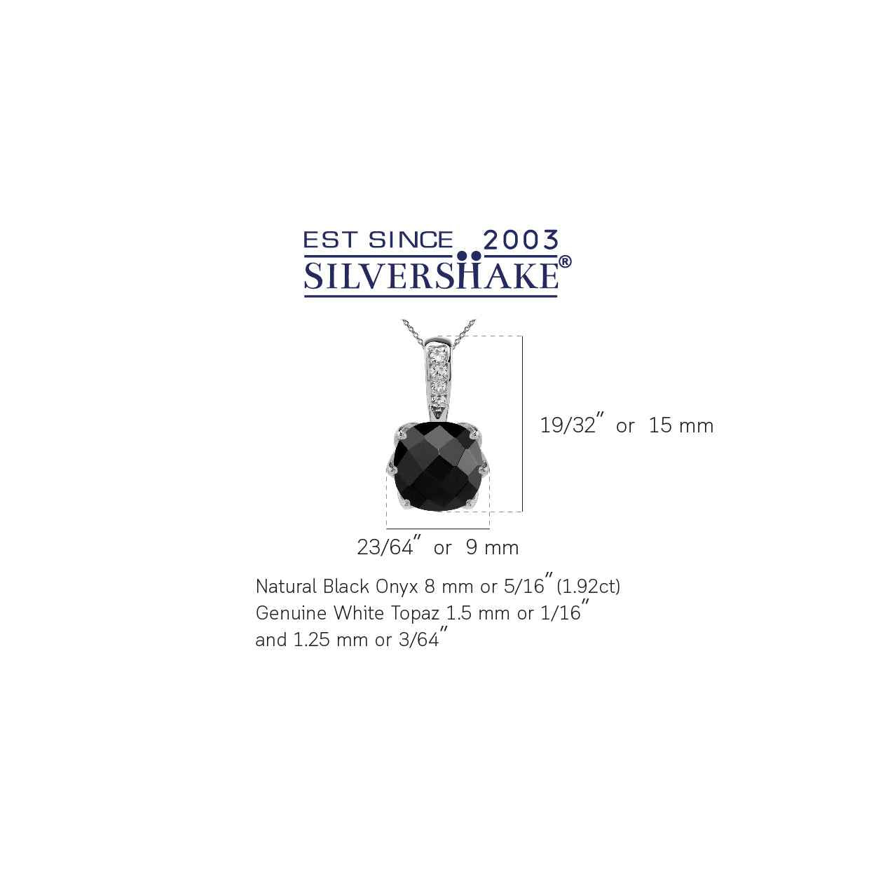 1.92 CTW 8MM Natural Cushion Shape Black Onyx White Gold Plated 925 Sterling Silver Gemstone Pendant with 18 Inch Chain Necklace Jewelry for Women
