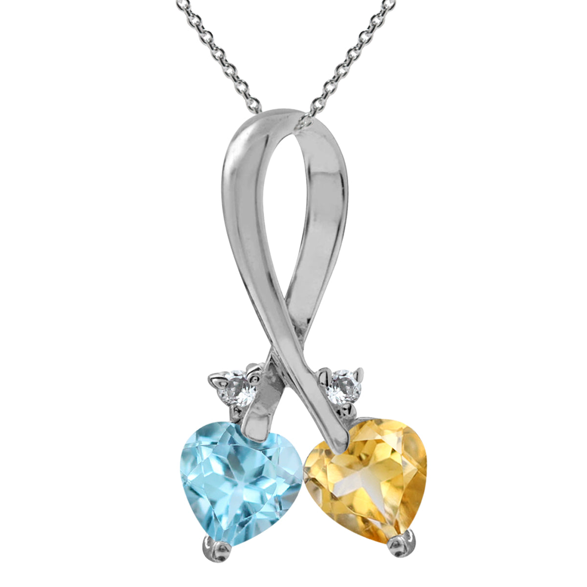 Genuine Citrine & Blue Topaz 925 Sterling Silver Twin Heart Ribbon Pendant with 18" Chain Necklace silvershake