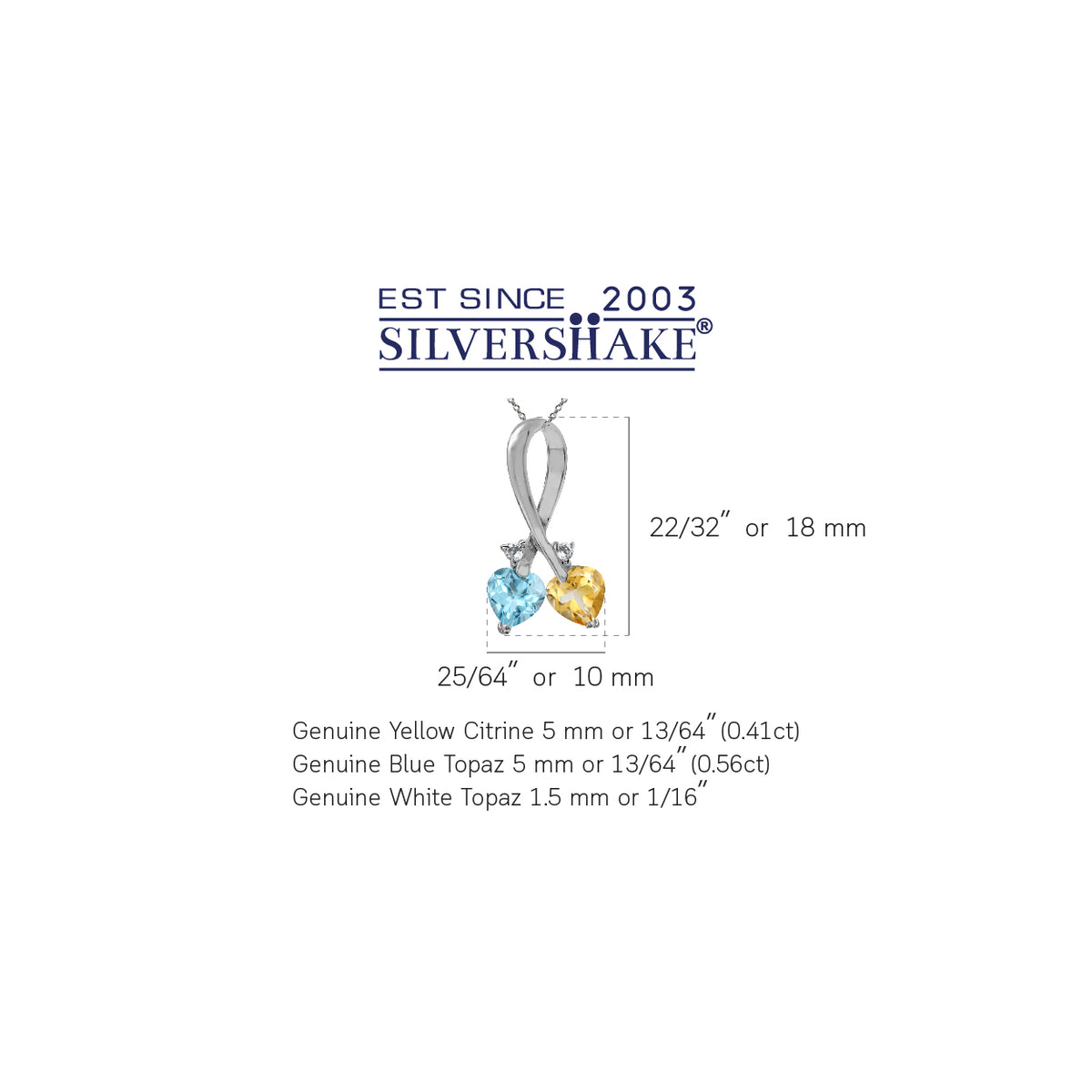 Genuine Citrine & Blue Topaz 925 Sterling Silver Twin Heart Ribbon Pendant with 18" Chain Necklace silvershake