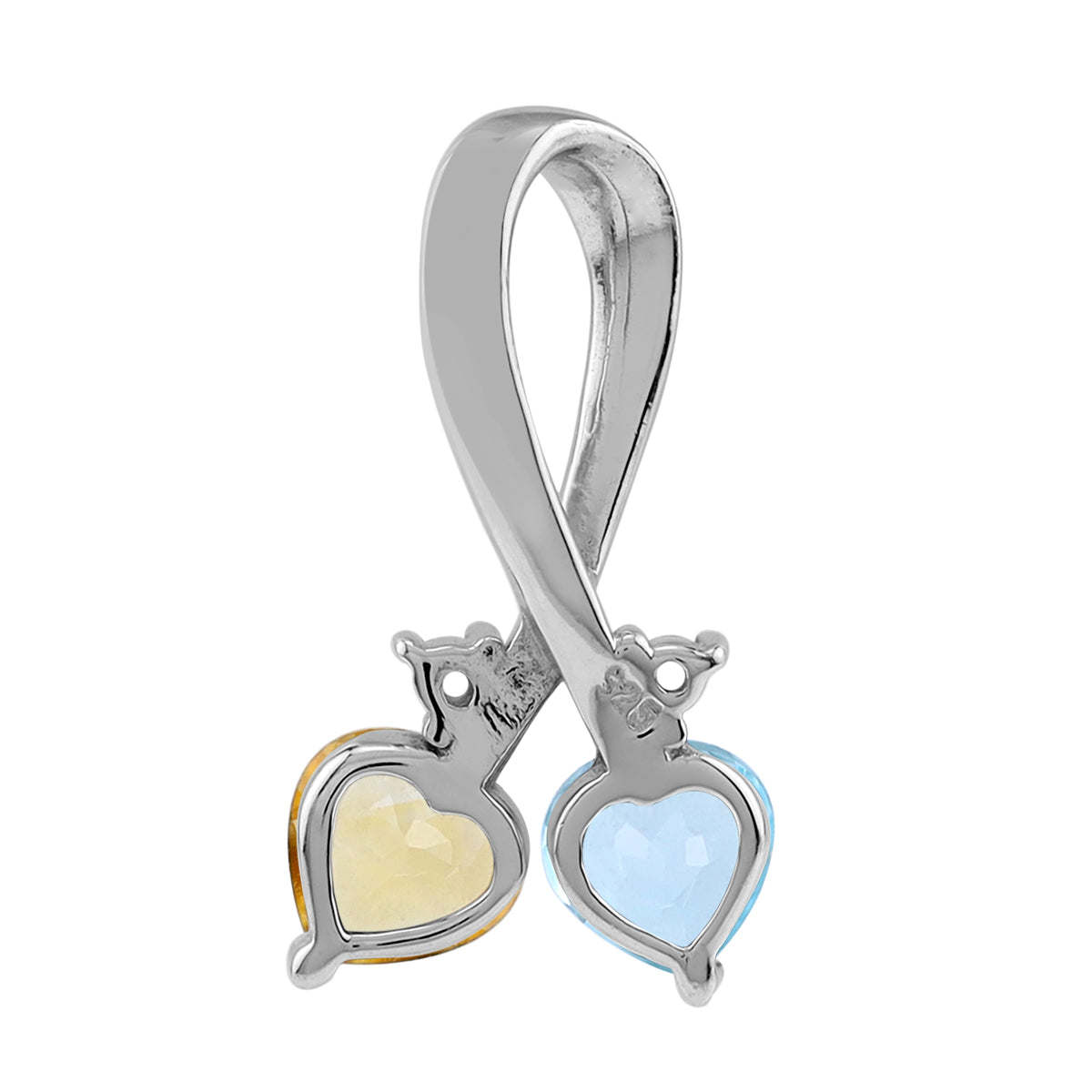 Genuine Citrine & Blue Topaz 925 Sterling Silver Twin Heart Ribbon Pendant with 18" Chain Necklace silvershake