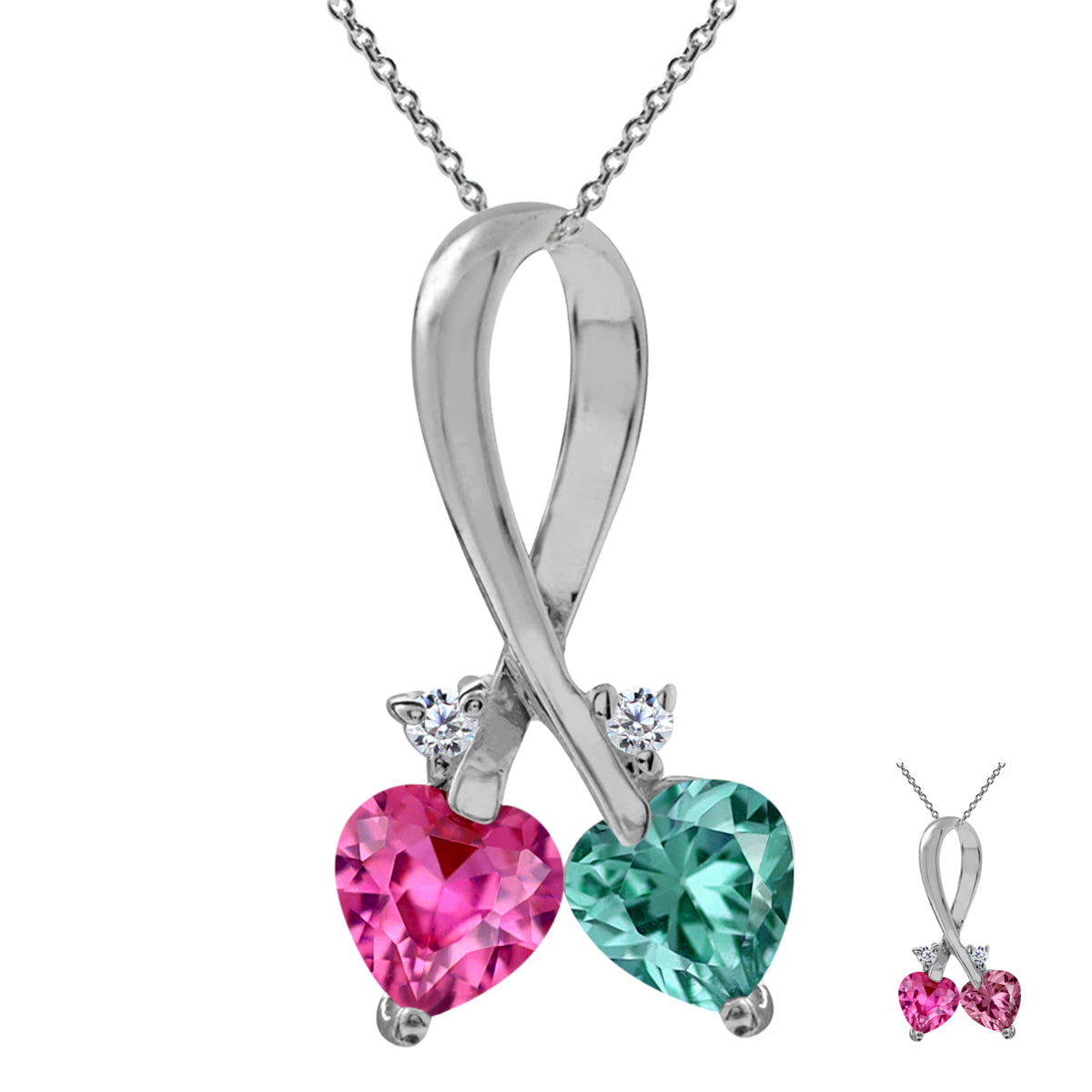 Created Pink Tourmaline & Alexandrite 925 Sterling Silver Twin Heart Ribbon Pendant w/18" Necklace silvershake