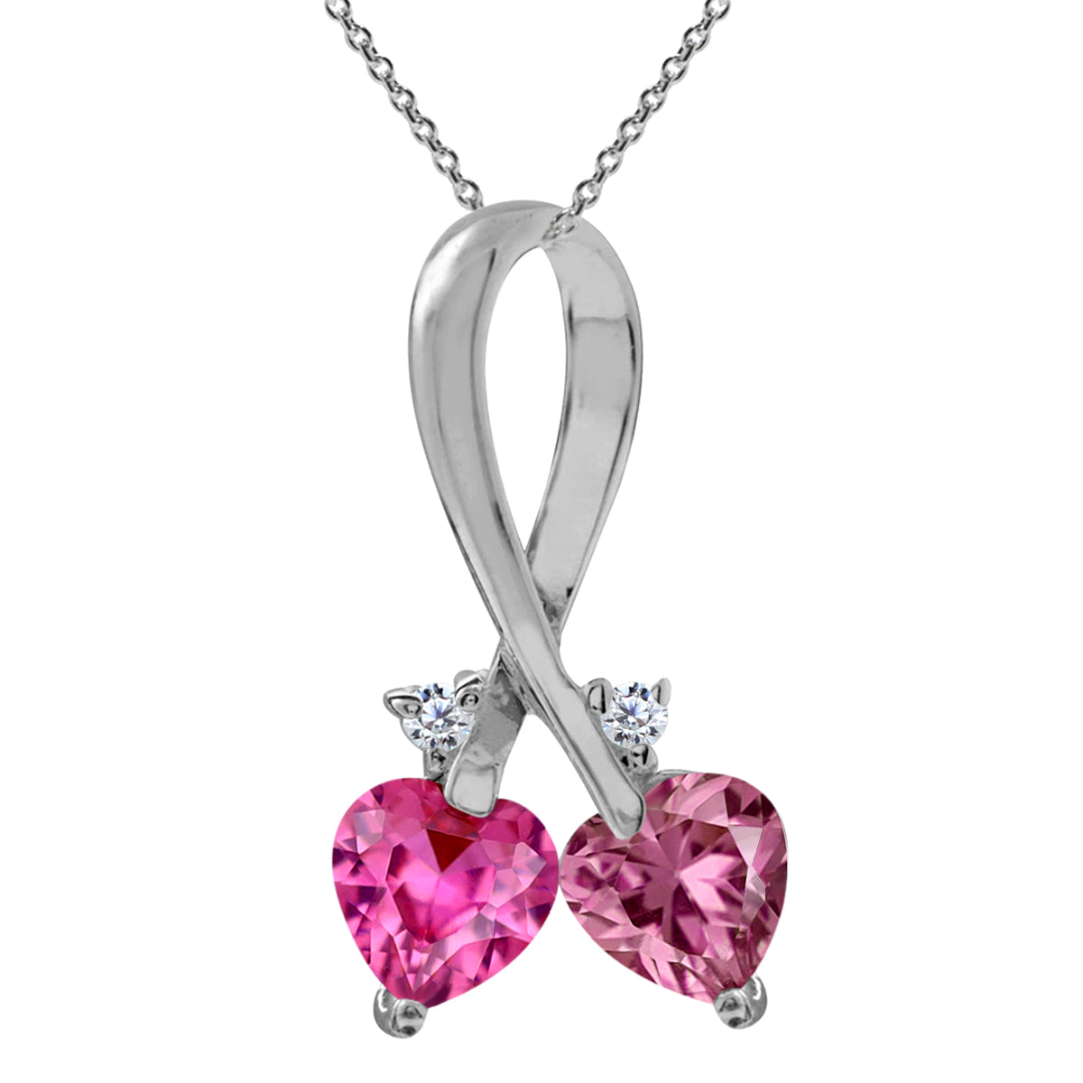 Created Pink Tourmaline & Alexandrite 925 Sterling Silver Twin Heart Ribbon Pendant w/18" Necklace silvershake