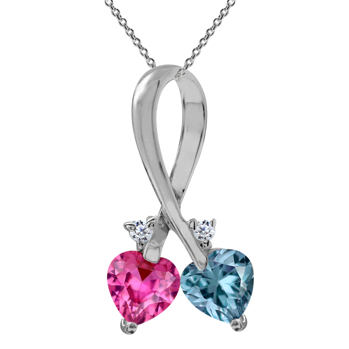 Created Pink Tourmaline & Alexandrite 925 Sterling Silver Twin Heart Ribbon Pendant w/18" Necklace silvershake