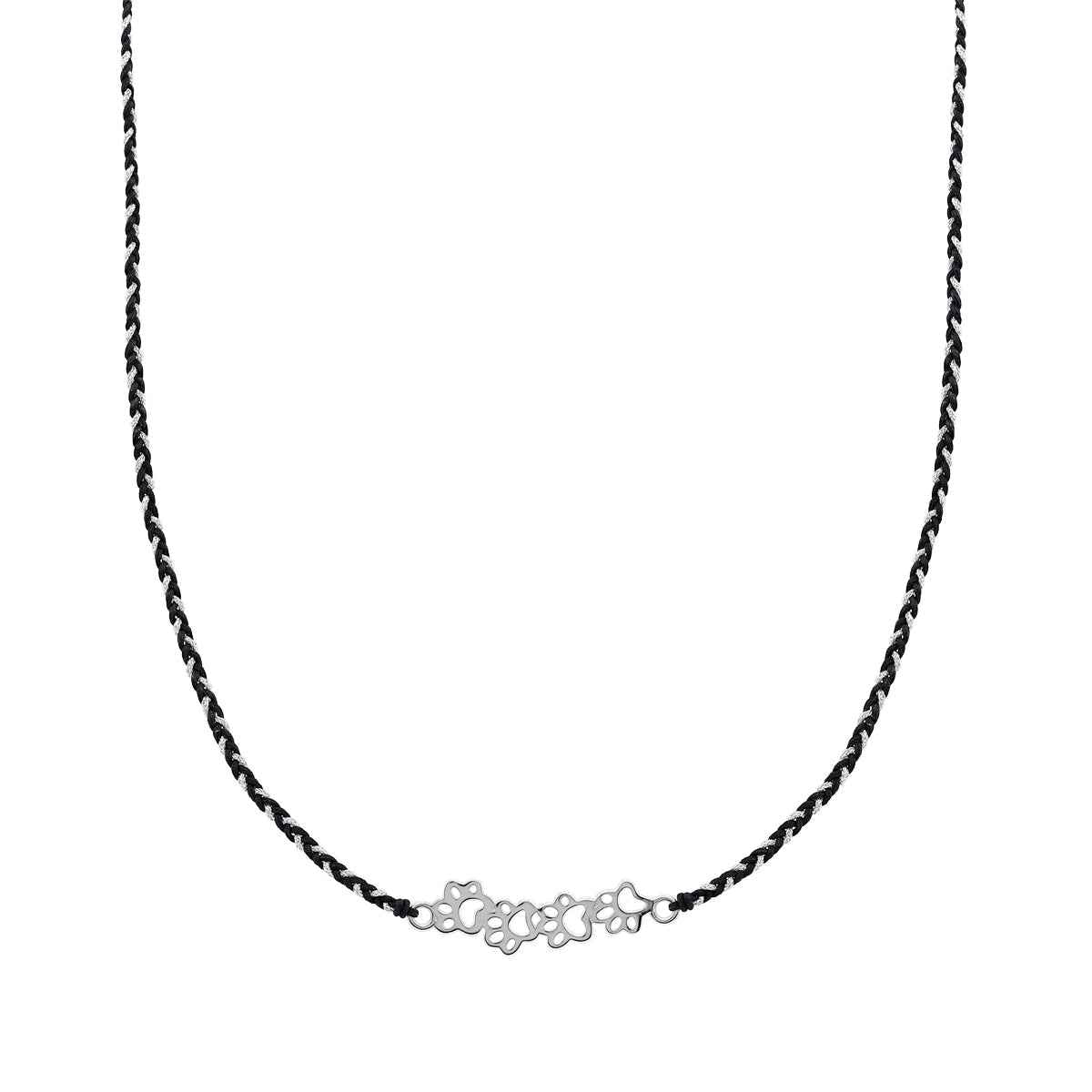 White Gold Plated 925 Sterling Silver Minimalist Pet Cat Dog Paw Foot Handmade Black and White Sterling Rope Braided Pendant with Adjustable Macrame Necklace
