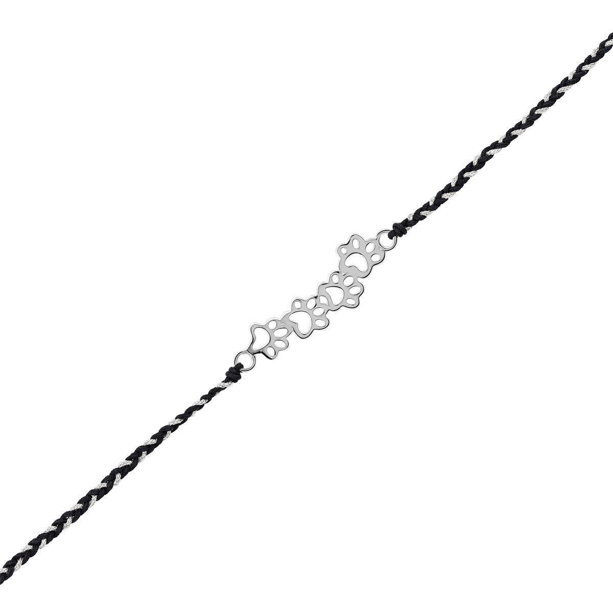 White Gold Plated 925 Sterling Silver Minimalist Pet Cat Dog Paw Foot Handmade Black and White Sterling Rope Braided Pendant with Adjustable Macrame Necklace