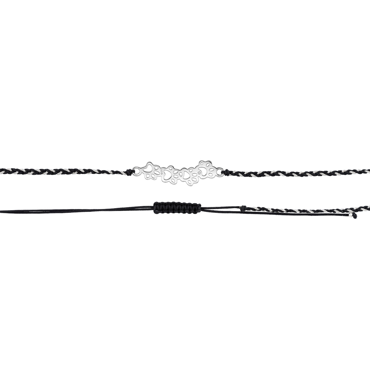 White Gold Plated 925 Sterling Silver Minimalist Pet Cat Dog Paw Foot Handmade Black and White Sterling Rope Braided Pendant with Adjustable Macrame Necklace